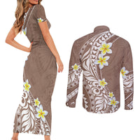 Hawaii Aloha Couples Matching Short Sleeve Bodycon Dress and Long Sleeve Button Shirt Plumeria Vintage - Brown LT7 - Polynesian Pride