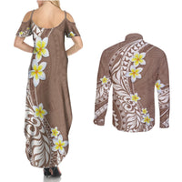 Hawaii Aloha Couples Matching Summer Maxi Dress and Long Sleeve Button Shirt Plumeria Vintage - Brown LT7 - Polynesian Pride