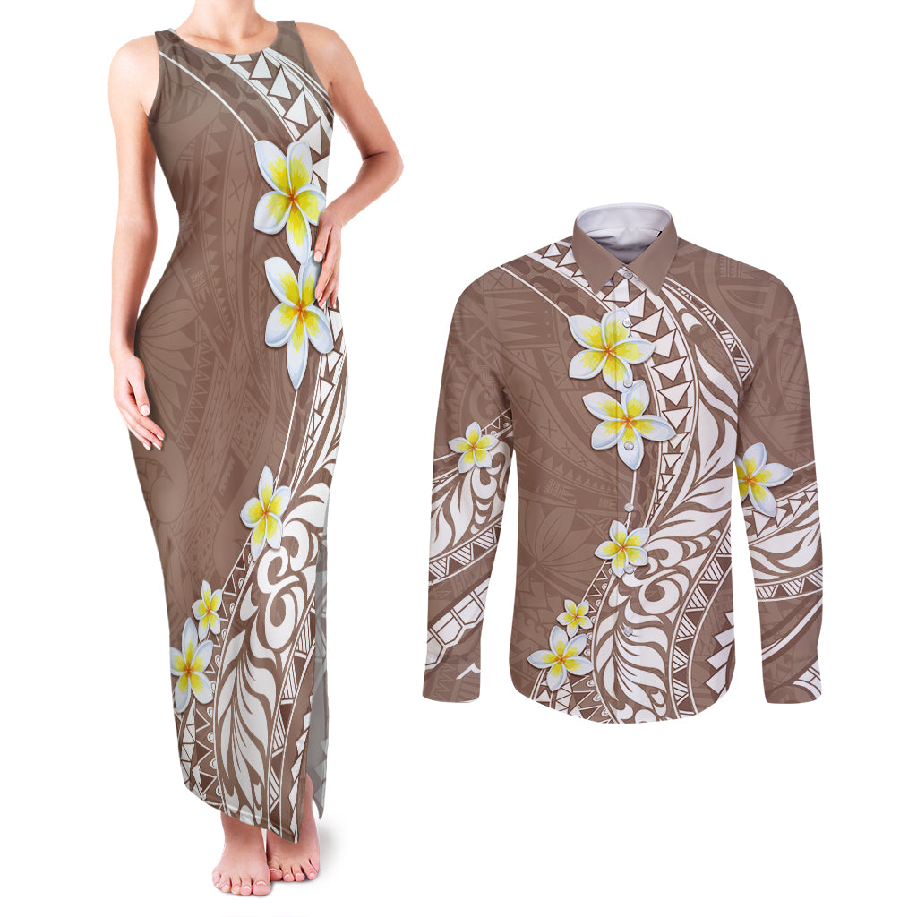 Hawaii Aloha Couples Matching Tank Maxi Dress and Long Sleeve Button Shirt Plumeria Vintage - Brown LT7 Brown - Polynesian Pride