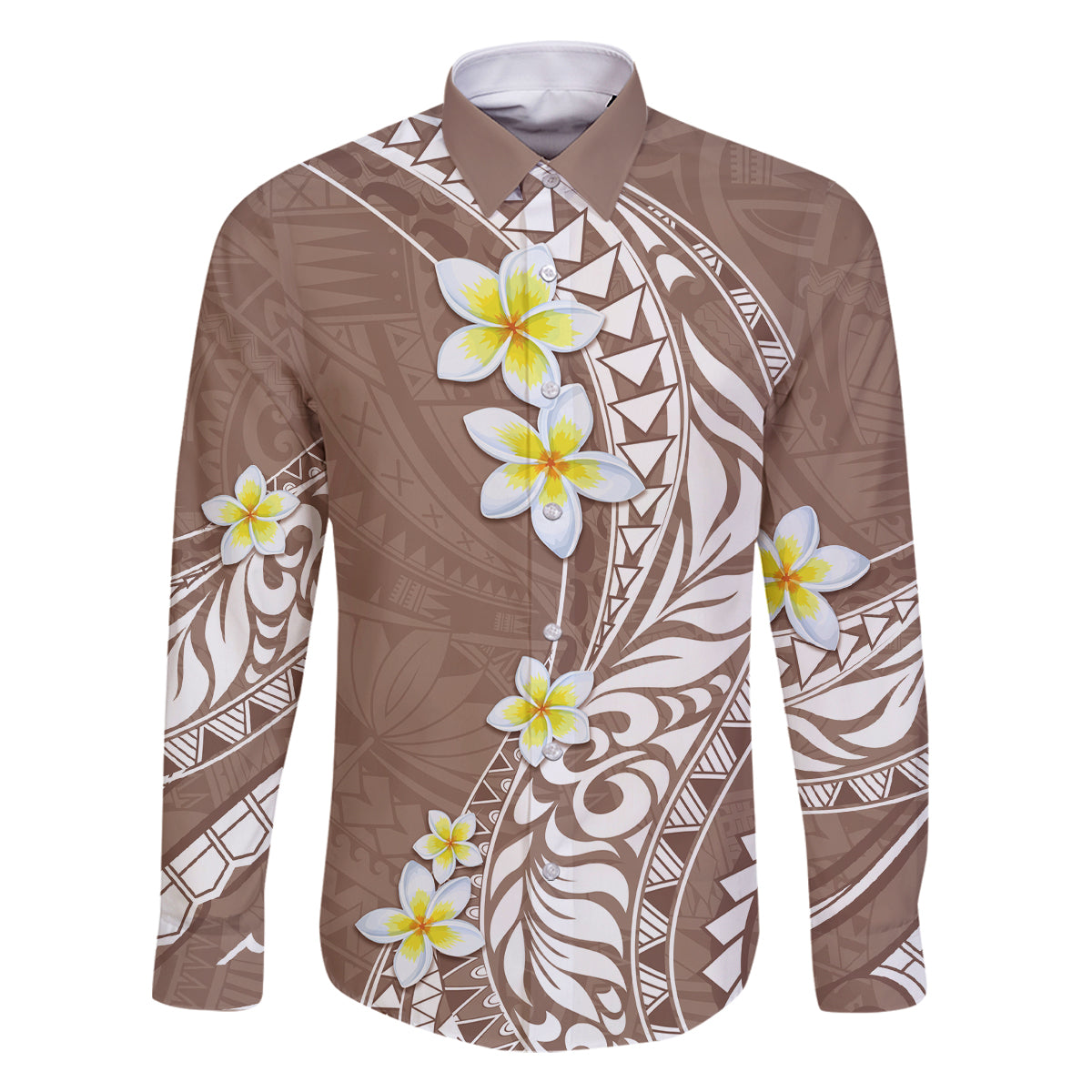Hawaii Aloha Family Matching Off Shoulder Maxi Dress and Hawaiian Shirt Plumeria Vintage - Brown LT7 Dad's Shirt - Long Sleeve Brown - Polynesian Pride