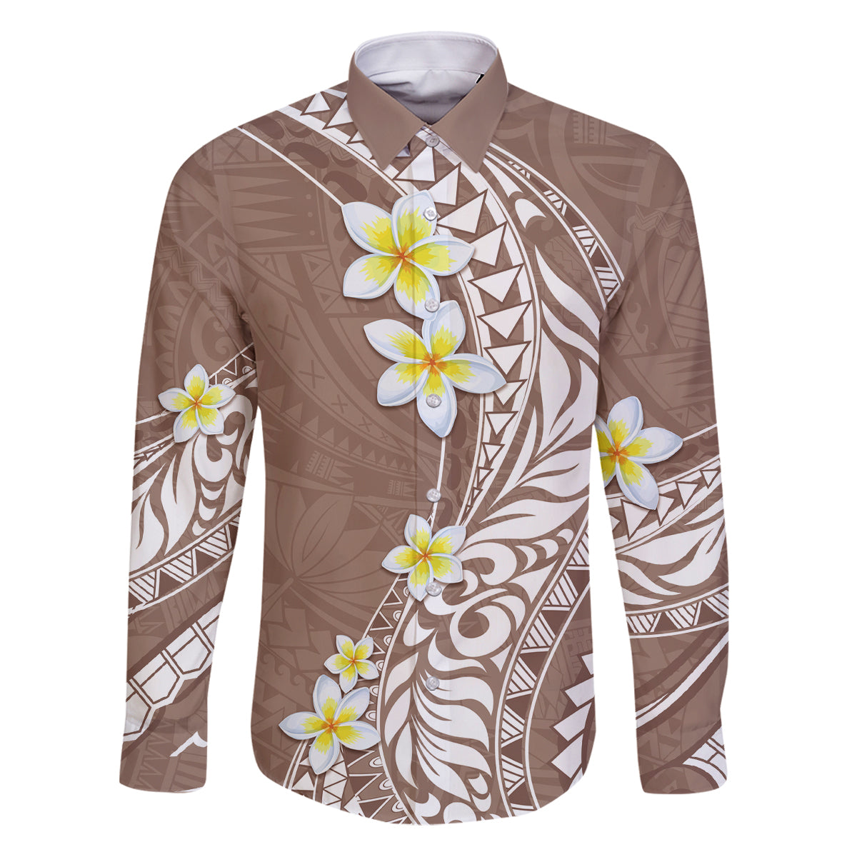 Hawaii Aloha Family Matching Puletasi Dress and Hawaiian Shirt Plumeria Vintage - Brown LT7 Dad's Shirt - Long Sleeve Brown - Polynesian Pride