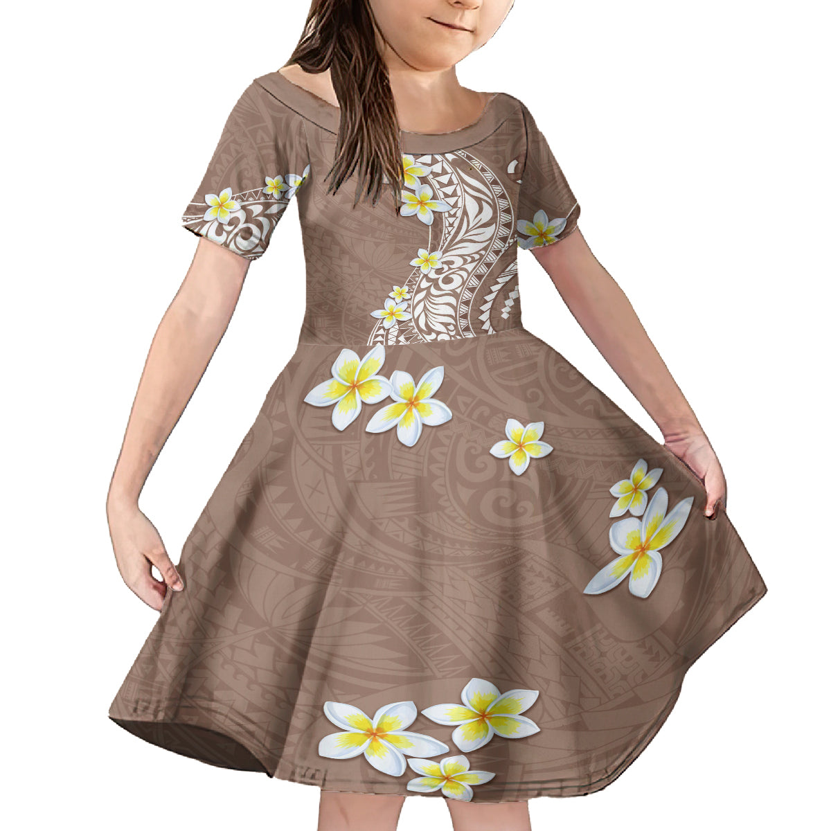 Hawaii Aloha Family Matching Tank Maxi Dress and Hawaiian Shirt Plumeria Vintage - Brown LT7 Daughter's Dress Brown - Polynesian Pride