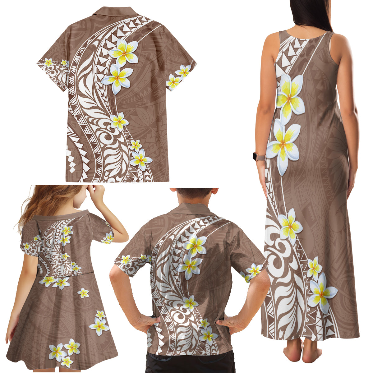 Hawaii Aloha Family Matching Tank Maxi Dress and Hawaiian Shirt Plumeria Vintage - Brown LT7 - Polynesian Pride
