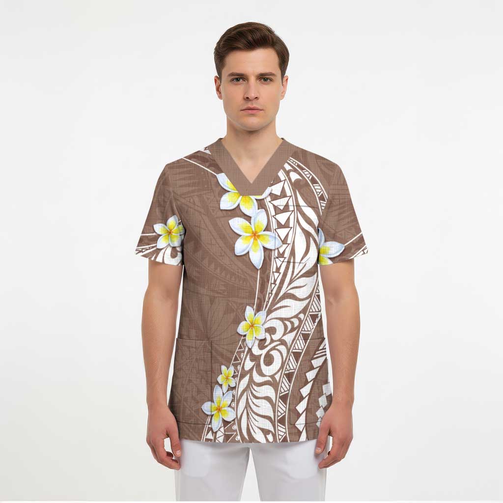 Hawaii Aloha Scrub Top Plumeria Vintage - Brown - Polynesian Pride