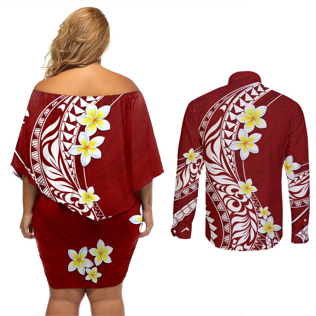 Hawaii Aloha Couples Matching Off Shoulder Short Dress and Long Sleeve Button Shirt Plumeria Vintage - Crimson LT7 - Polynesian Pride