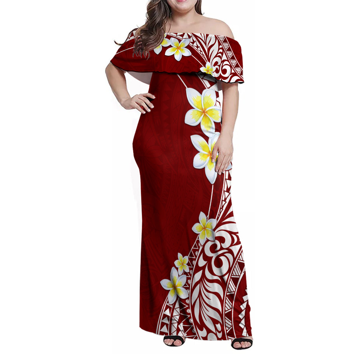 Hawaii Aloha Family Matching Off Shoulder Maxi Dress and Hawaiian Shirt Plumeria Vintage - Crimson LT7 Mom's Dress Crimson - Polynesian Pride