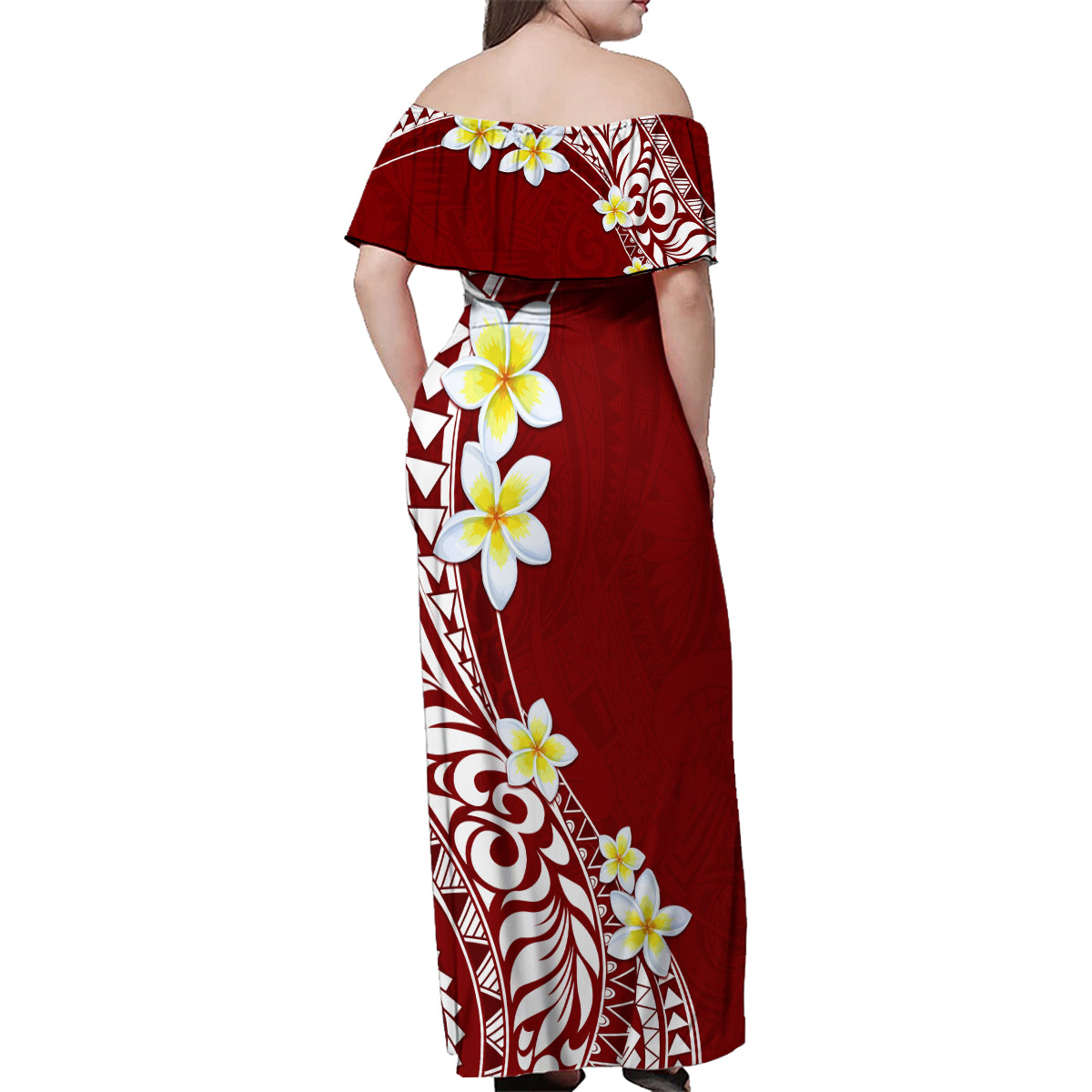 Hawaii Aloha Family Matching Off Shoulder Maxi Dress and Hawaiian Shirt Plumeria Vintage - Crimson LT7 - Polynesian Pride