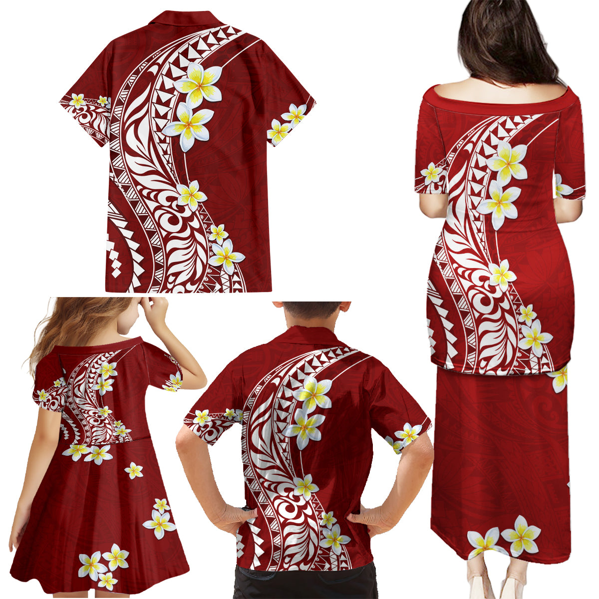 Hawaii Aloha Family Matching Puletasi Dress and Hawaiian Shirt Plumeria Vintage - Crimson LT7 - Polynesian Pride