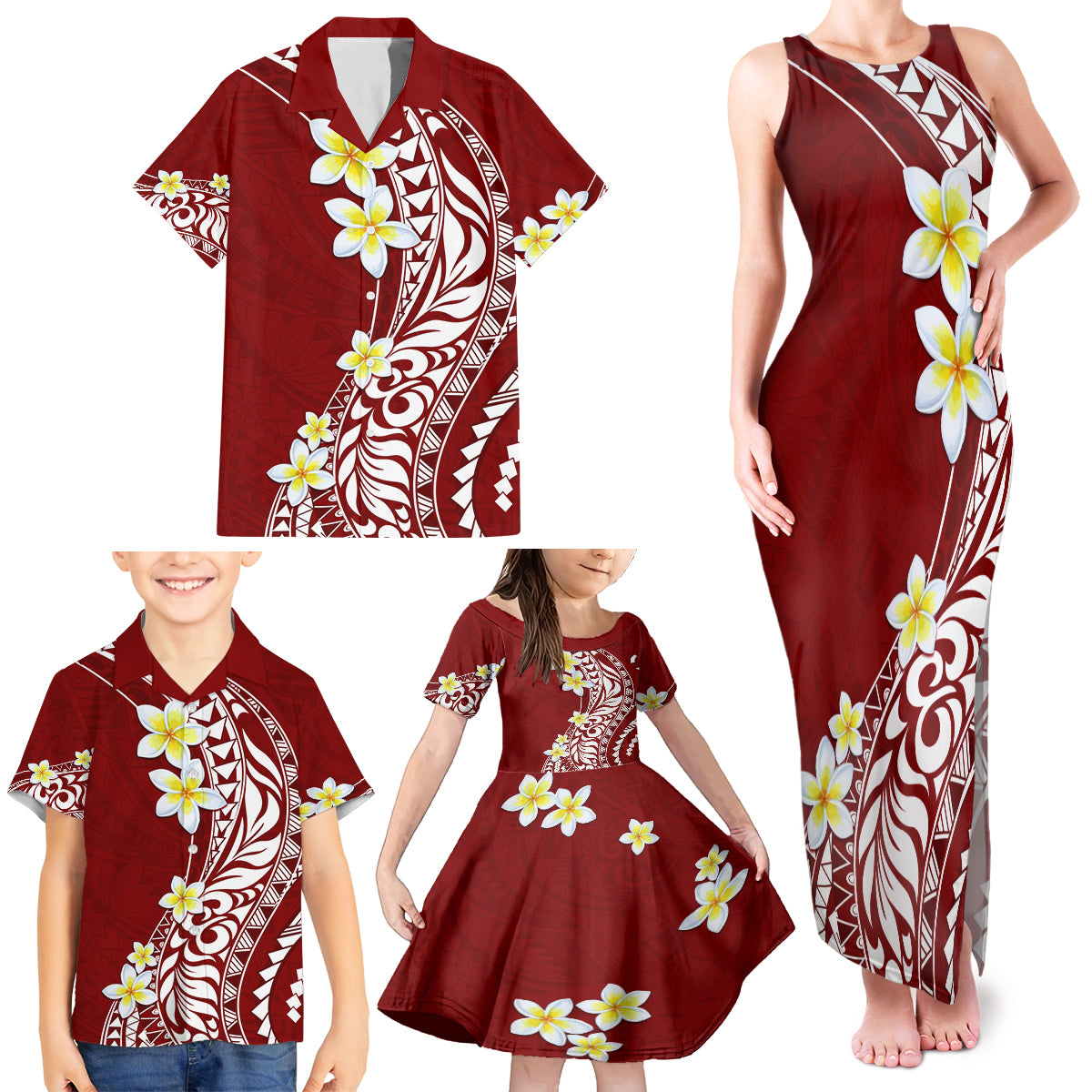 Hawaii Aloha Family Matching Tank Maxi Dress and Hawaiian Shirt Plumeria Vintage - Crimson LT7 - Polynesian Pride