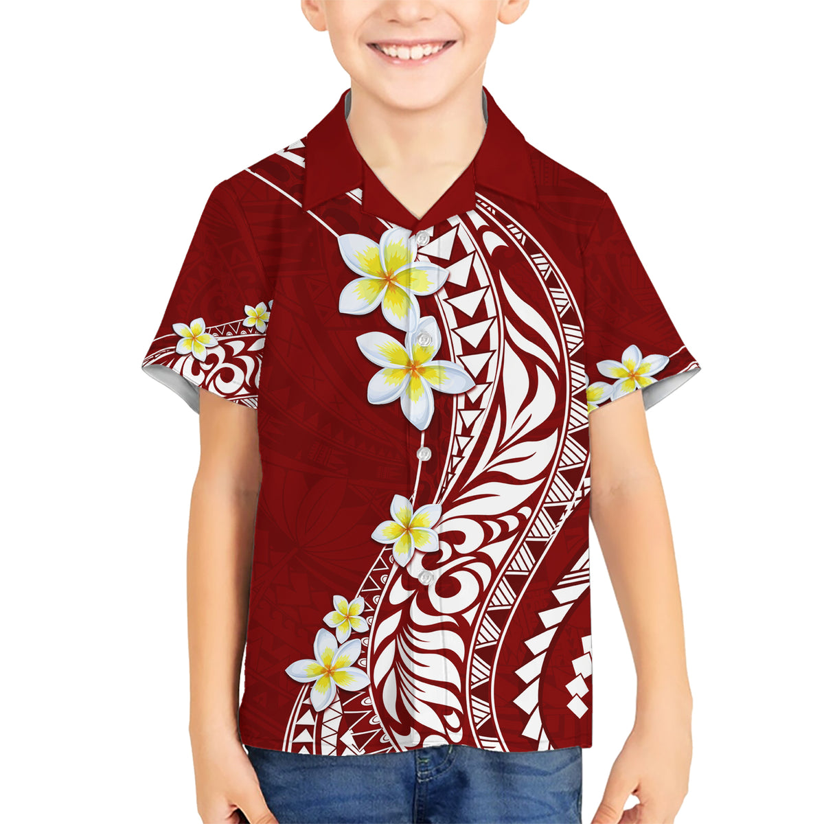 Hawaii Aloha Kid Hawaiian Shirt Plumeria Vintage - Crimson LT7 Kid Crimson - Polynesian Pride