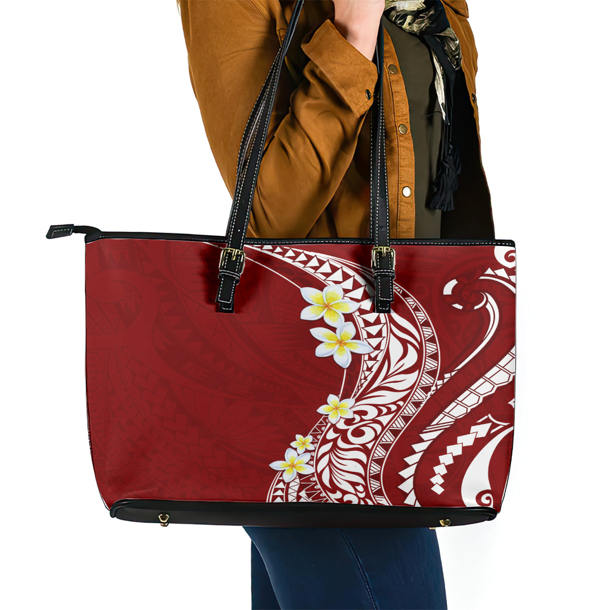 Hawaii Aloha Leather Tote Bag Plumeria Vintage - Crimson LT7 - Polynesian Pride