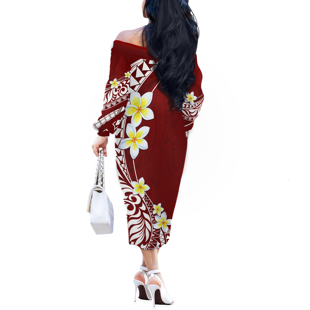 Hawaii Aloha Off The Shoulder Long Sleeve Dress Plumeria Vintage - Crimson LT7 - Polynesian Pride