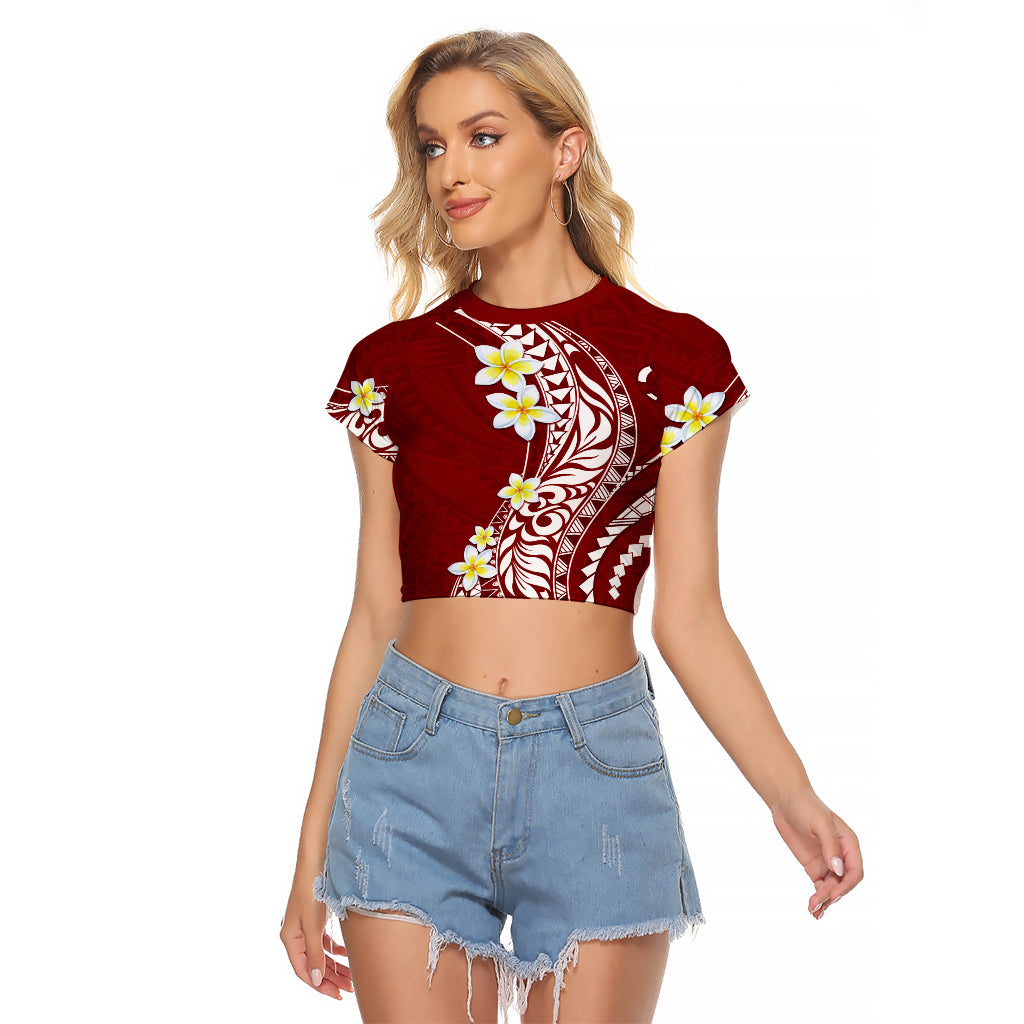 Hawaii Aloha Raglan Cropped T Shirt Plumeria Vintage - Crimson LT7 Female Crimson - Polynesian Pride