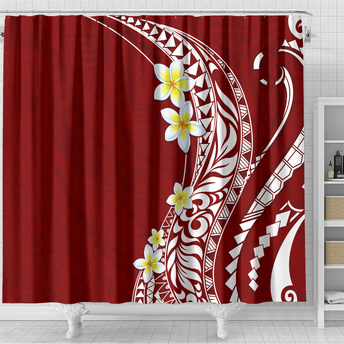 Hawaii Aloha Shower Curtain Plumeria Vintage - Crimson LT7 - Polynesian Pride