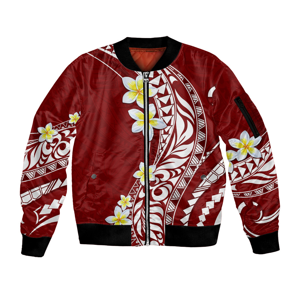 Hawaii Aloha Sleeve Zip Bomber Jacket Plumeria Vintage - Crimson LT7 Unisex Crimson - Polynesian Pride