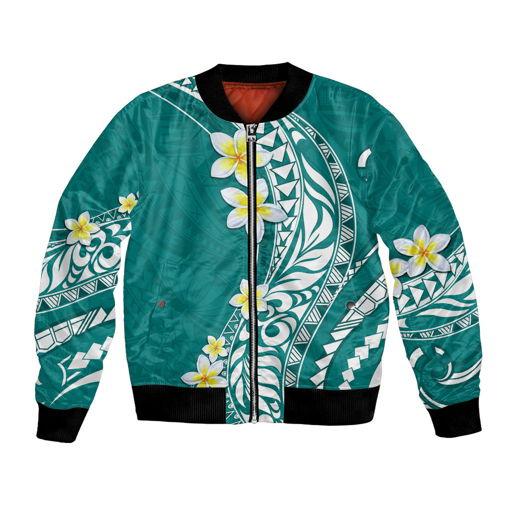 Hawaii Aloha Bomber Jacket Plumeria Vintage - Teal LT7 Unisex Teal - Polynesian Pride
