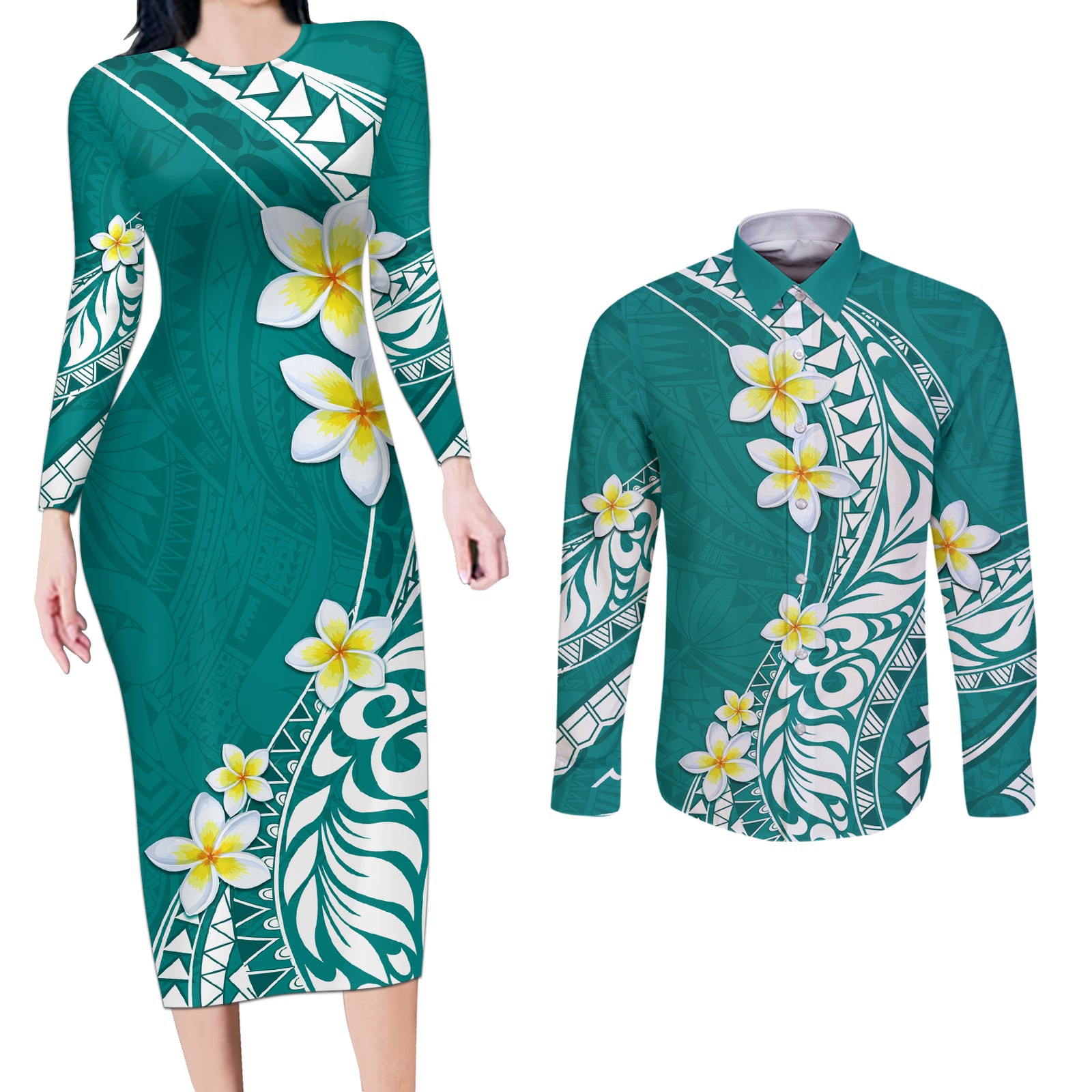 Hawaii Aloha Couples Matching Long Sleeve Bodycon Dress and Long Sleeve Button Shirt Plumeria Vintage - Teal LT7 Teal - Polynesian Pride