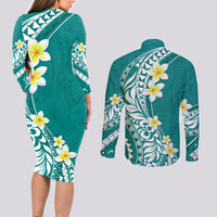 Hawaii Aloha Couples Matching Long Sleeve Bodycon Dress and Long Sleeve Button Shirt Plumeria Vintage - Teal LT7 - Polynesian Pride