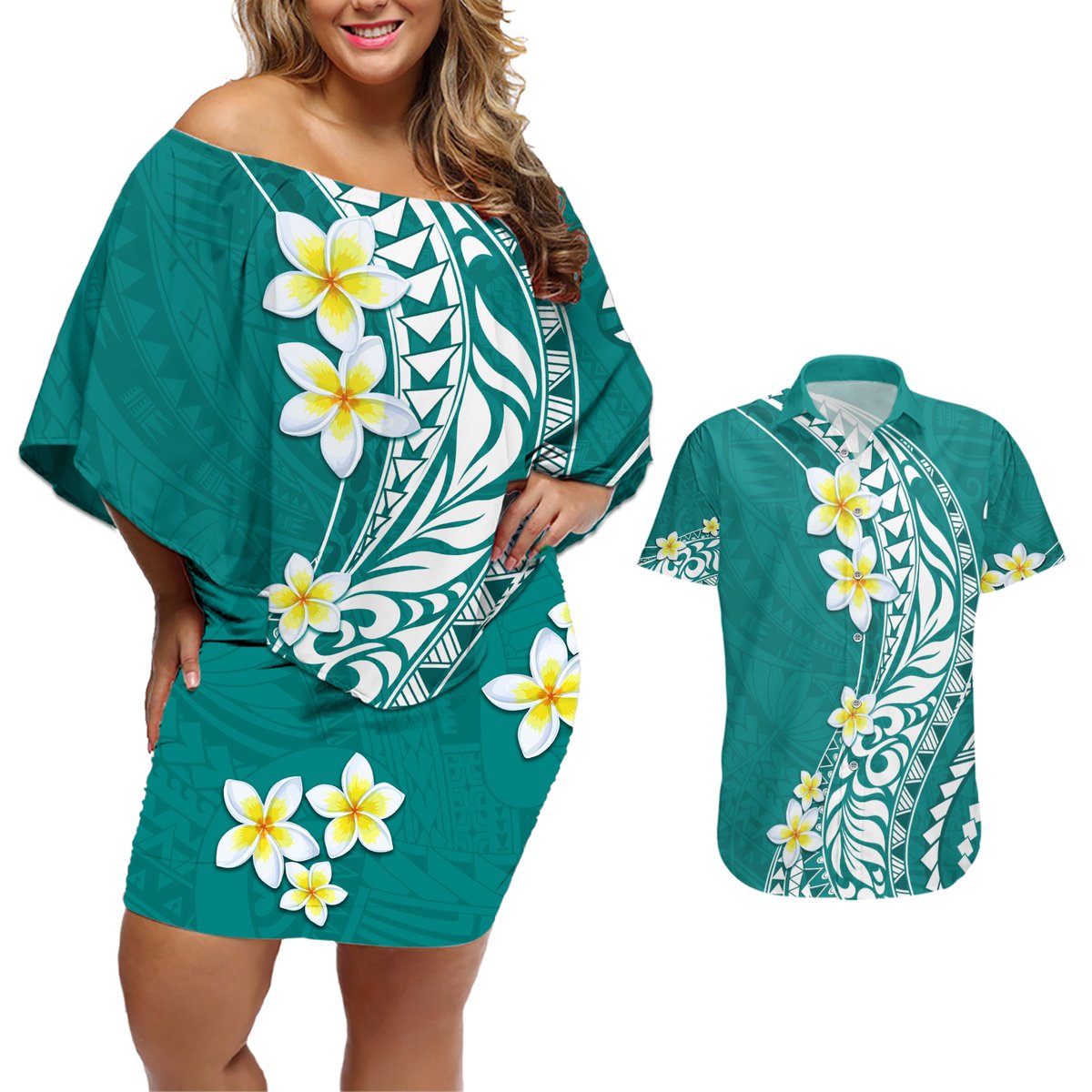 Hawaii Aloha Couples Matching Off Shoulder Short Dress and Hawaiian Shirt Plumeria Vintage - Teal LT7 Teal - Polynesian Pride