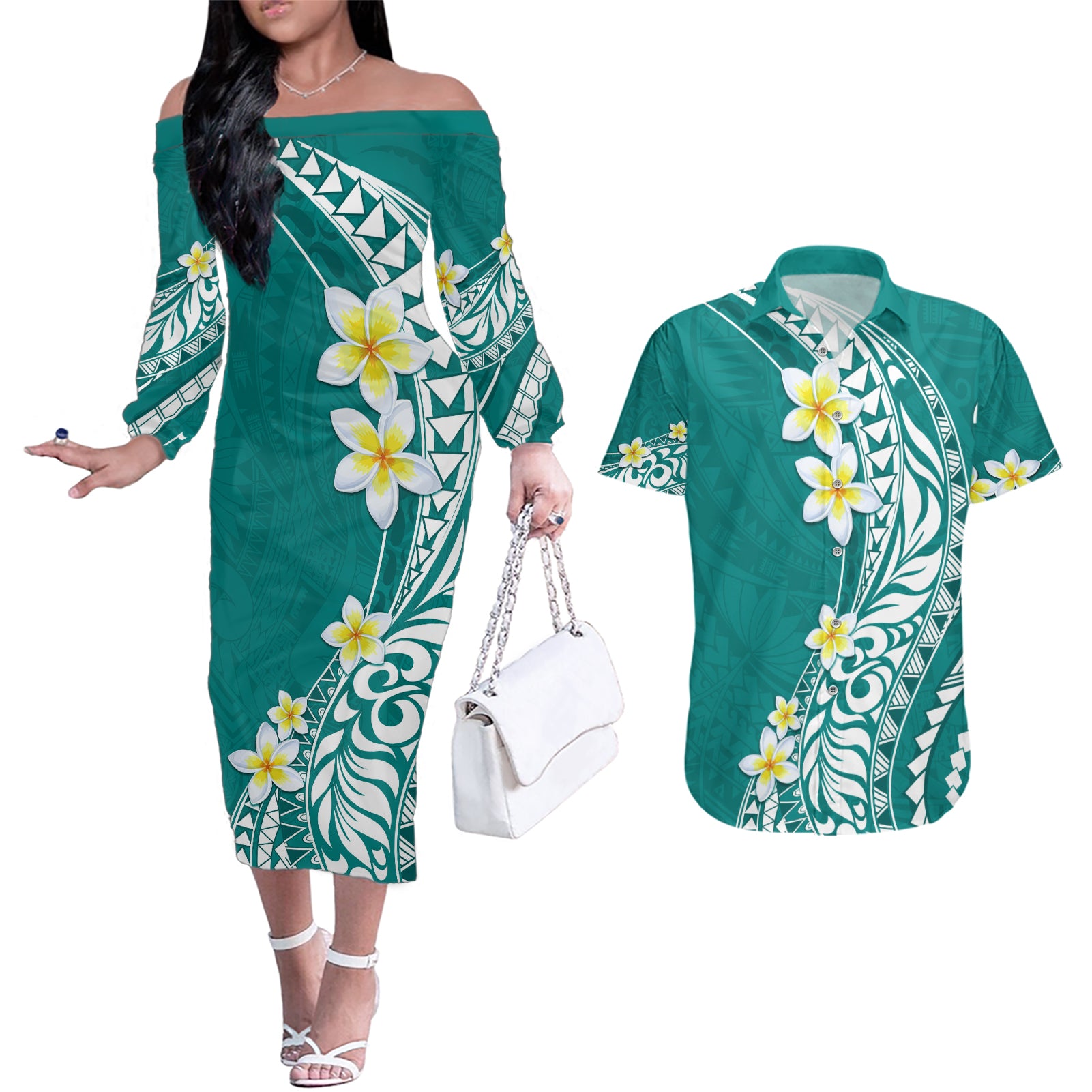 Hawaii Aloha Couples Matching Off The Shoulder Long Sleeve Dress and Hawaiian Shirt Plumeria Vintage - Teal LT7 Teal - Polynesian Pride