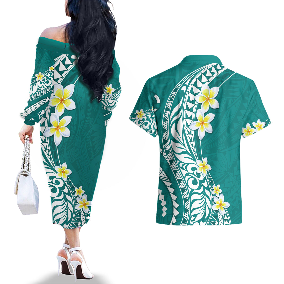 Hawaii Aloha Couples Matching Off The Shoulder Long Sleeve Dress and Hawaiian Shirt Plumeria Vintage - Teal LT7 - Polynesian Pride
