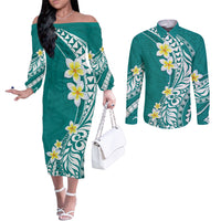 Hawaii Aloha Couples Matching Off The Shoulder Long Sleeve Dress and Long Sleeve Button Shirt Plumeria Vintage - Teal LT7 Teal - Polynesian Pride