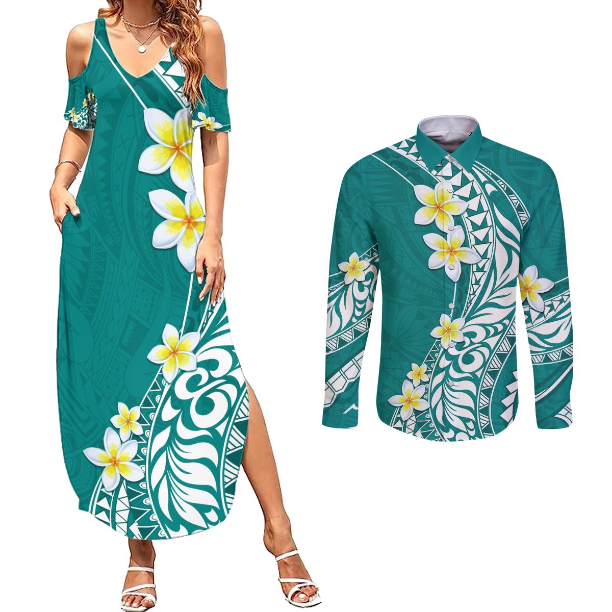 Hawaii Aloha Couples Matching Summer Maxi Dress and Long Sleeve Button Shirt Plumeria Vintage - Teal LT7 Teal - Polynesian Pride