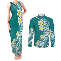 Hawaii Aloha Couples Matching Tank Maxi Dress and Long Sleeve Button Shirt Plumeria Vintage - Teal LT7 Teal - Polynesian Pride