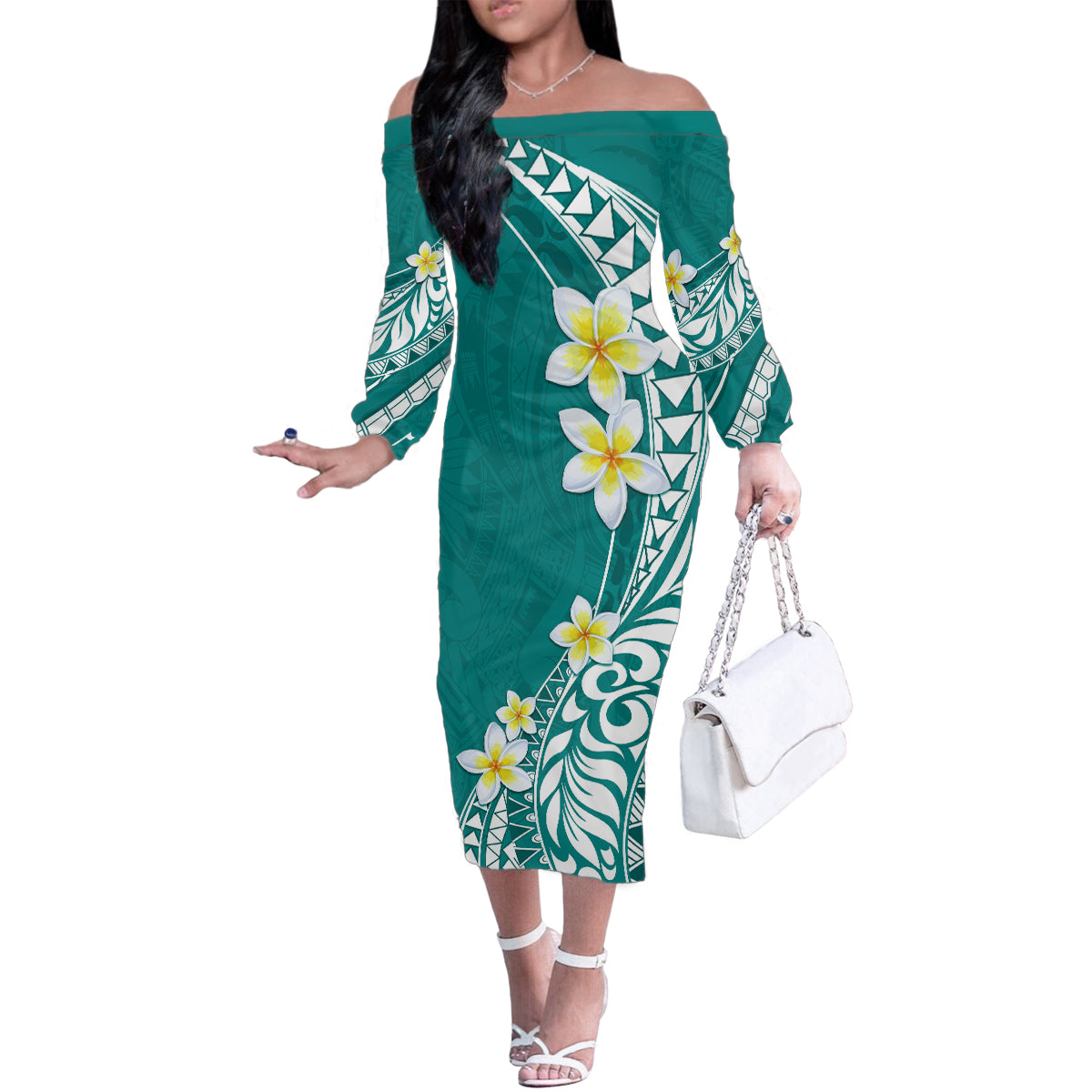 Hawaii Aloha Family Matching Off Shoulder Long Sleeve Dress and Hawaiian Shirt Plumeria Vintage - Teal LT7 Mom's Dress Teal - Polynesian Pride