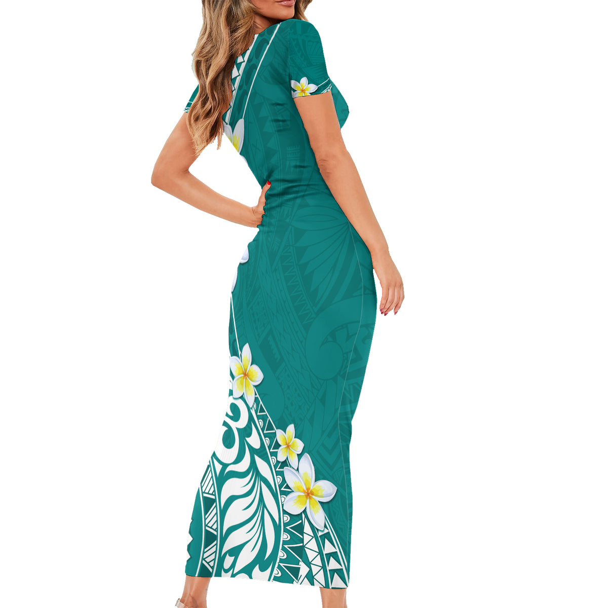 Hawaii Aloha Family Matching Short Sleeve Bodycon Dress and Hawaiian Shirt Plumeria Vintage - Teal LT7 - Polynesian Pride