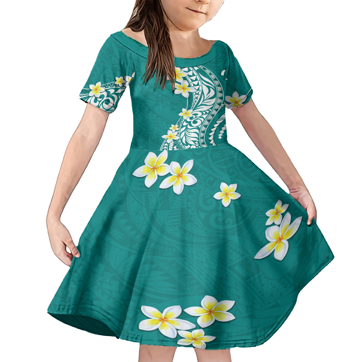 Hawaii Aloha Family Matching Tank Maxi Dress and Hawaiian Shirt Plumeria Vintage - Teal LT7 Daughter's Dress Teal - Polynesian Pride