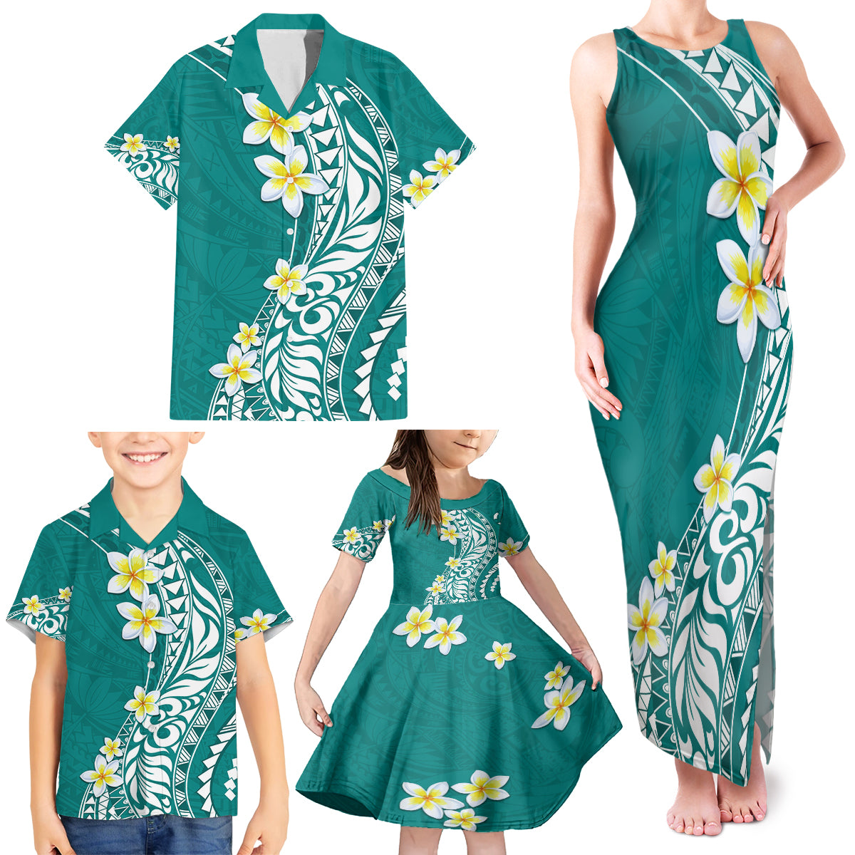 Hawaii Aloha Family Matching Tank Maxi Dress and Hawaiian Shirt Plumeria Vintage - Teal LT7 - Polynesian Pride