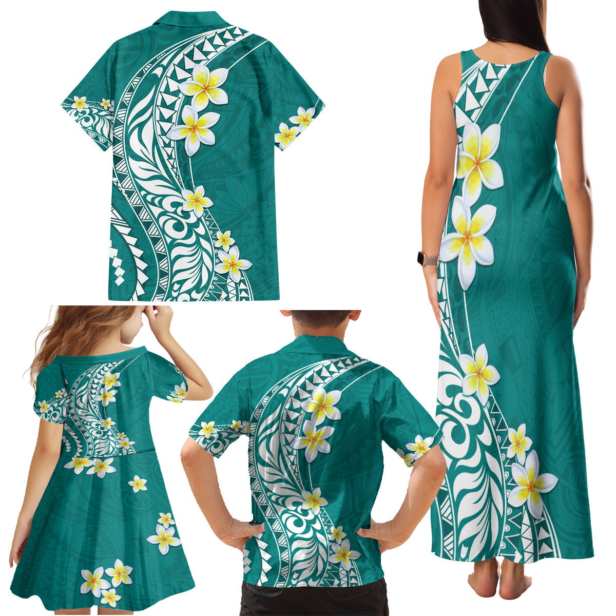 Hawaii Aloha Family Matching Tank Maxi Dress and Hawaiian Shirt Plumeria Vintage - Teal LT7 - Polynesian Pride