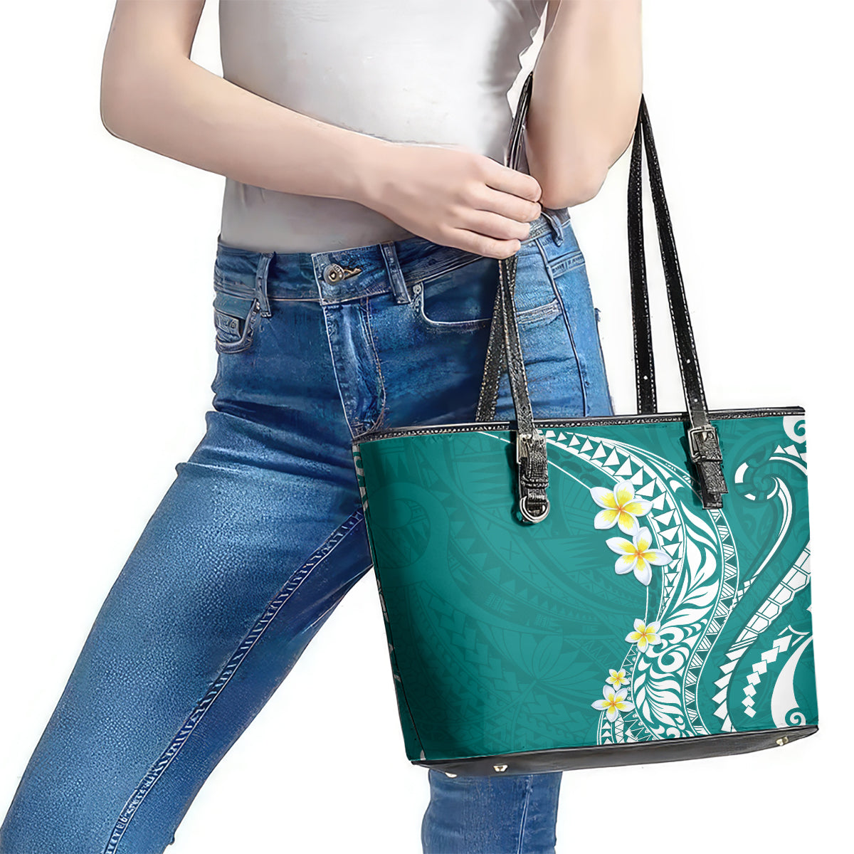 Hawaii Aloha Leather Tote Bag Plumeria Vintage - Teal LT7 - Polynesian Pride