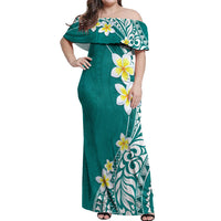 Hawaii Aloha Off Shoulder Maxi Dress Plumeria Vintage - Teal LT7 Women Teal - Polynesian Pride