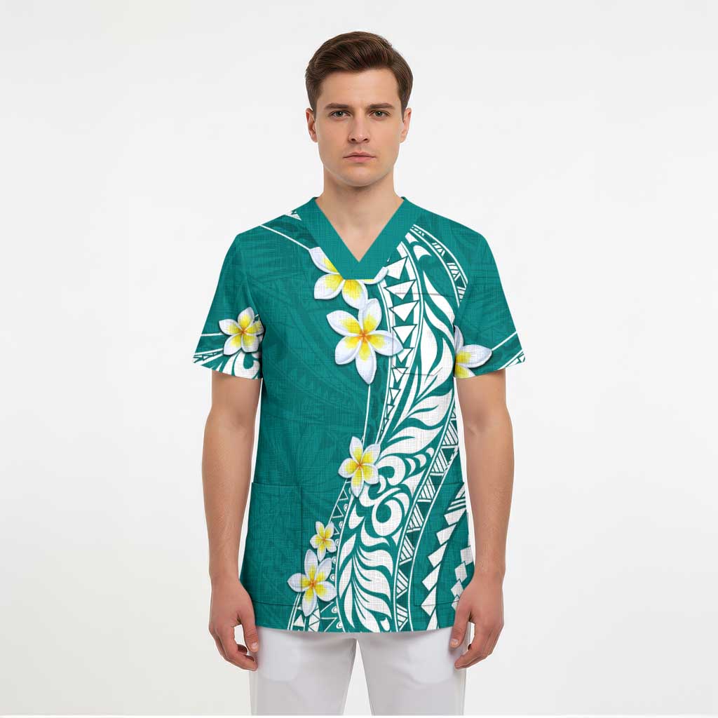 Hawaii Aloha Scrub Top Plumeria Vintage - Teal - Polynesian Pride