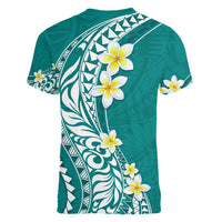 Hawaii Aloha Women V Neck T Shirt Plumeria Vintage - Teal LT7 - Polynesian Pride