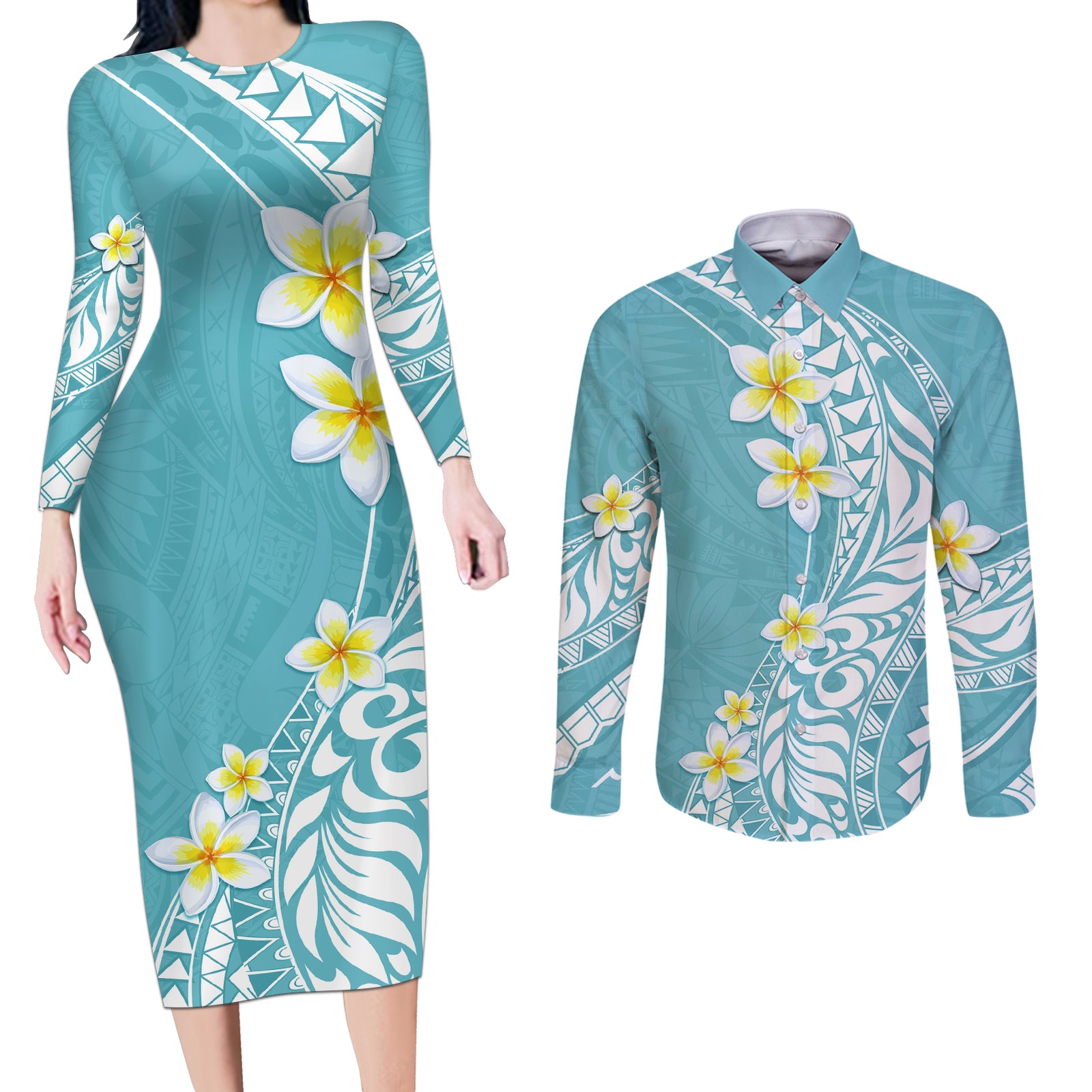 Hawaii Aloha Couples Matching Long Sleeve Bodycon Dress and Long Sleeve Button Shirt Plumeria Vintage - Turquoise LT7 Turquoise - Polynesian Pride