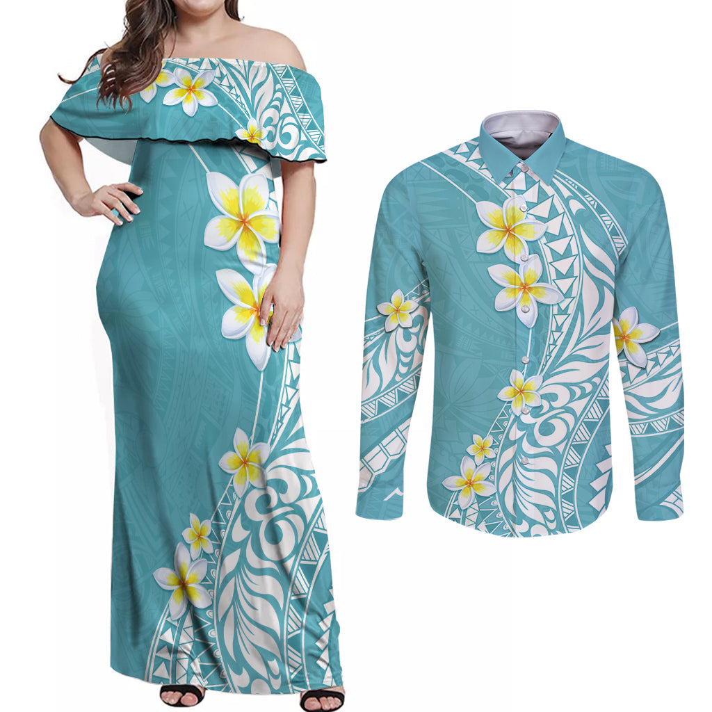 Hawaii Aloha Couples Matching Off Shoulder Maxi Dress and Long Sleeve Button Shirt Plumeria Vintage - Turquoise LT7 Turquoise - Polynesian Pride