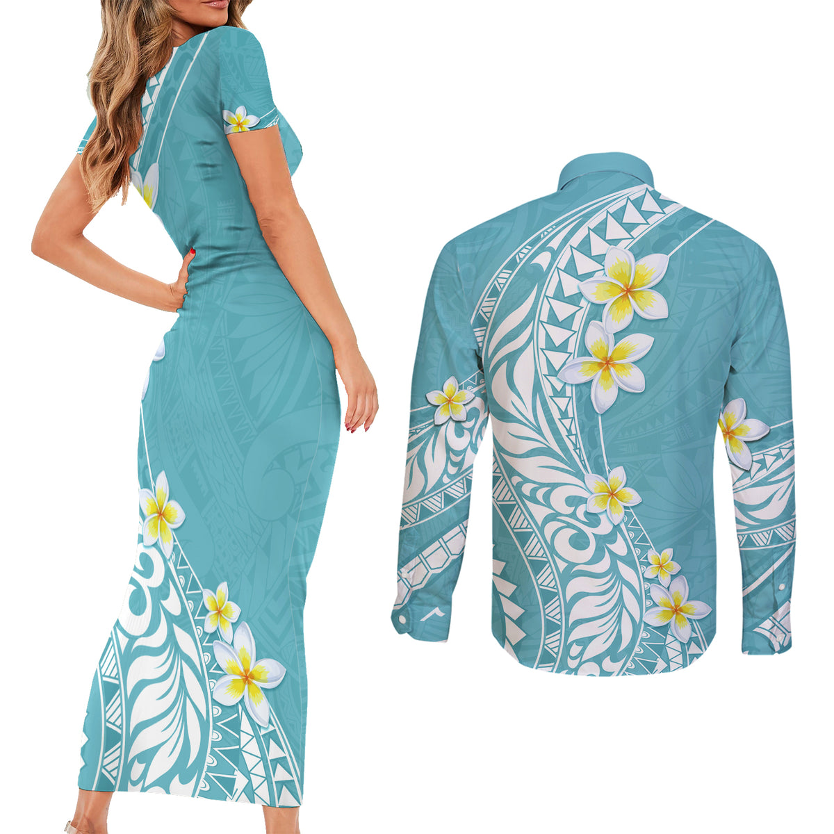 Hawaii Aloha Couples Matching Short Sleeve Bodycon Dress and Long Sleeve Button Shirt Plumeria Vintage - Turquoise LT7 - Polynesian Pride