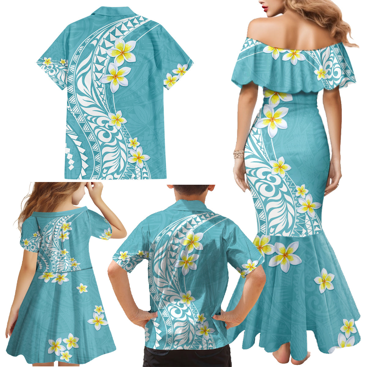 Hawaii Aloha Family Matching Mermaid Dress and Hawaiian Shirt Plumeria Vintage - Turquoise LT7 - Polynesian Pride