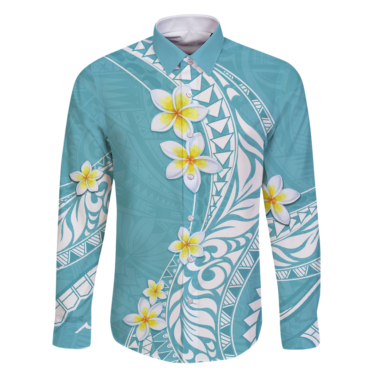Hawaii Aloha Family Matching Off Shoulder Short Dress and Hawaiian Shirt Plumeria Vintage - Turquoise LT7 Dad's Shirt - Long Sleeve Turquoise - Polynesian Pride