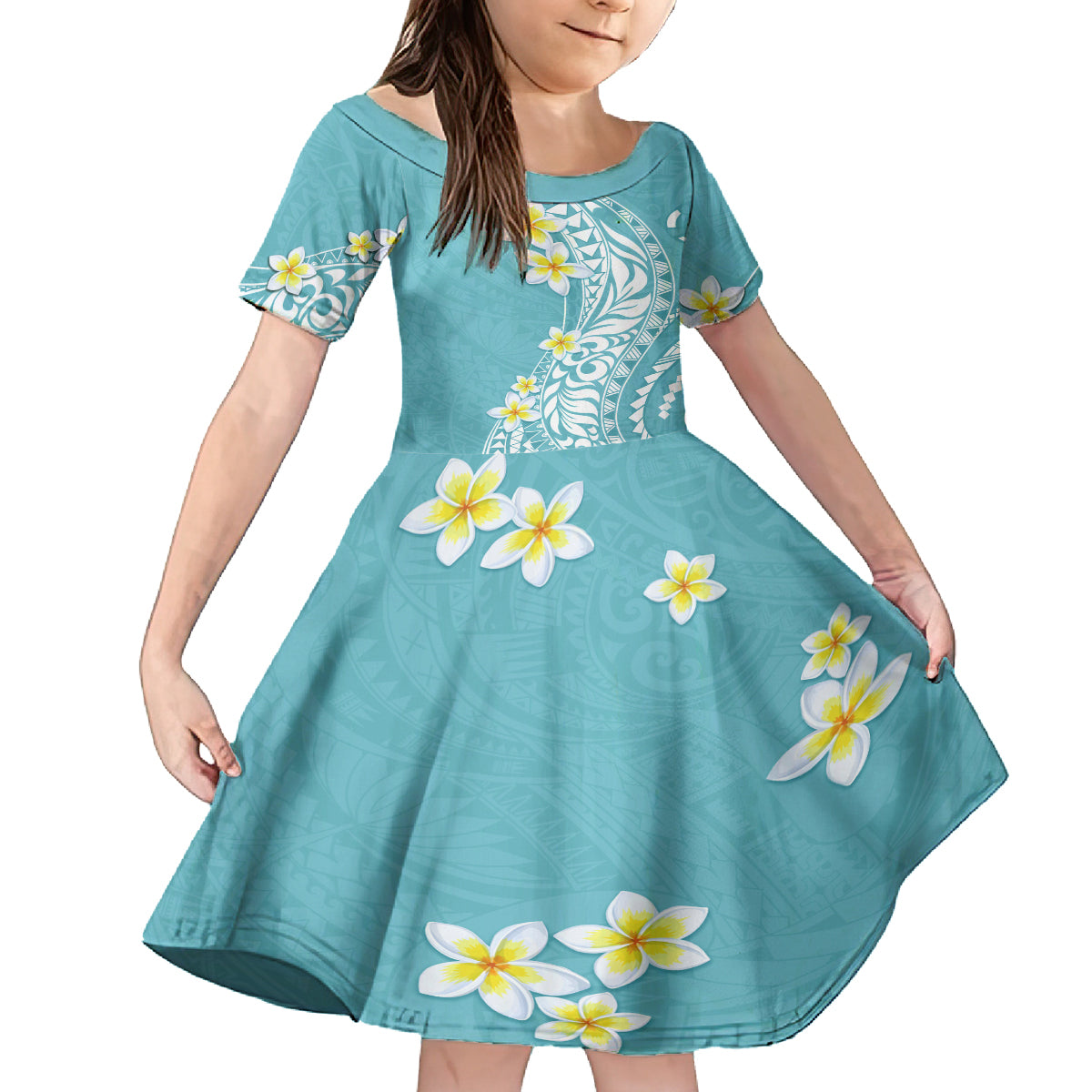 Hawaii Aloha Family Matching Puletasi Dress and Hawaiian Shirt Plumeria Vintage - Turquoise LT7 Daughter's Dress Turquoise - Polynesian Pride