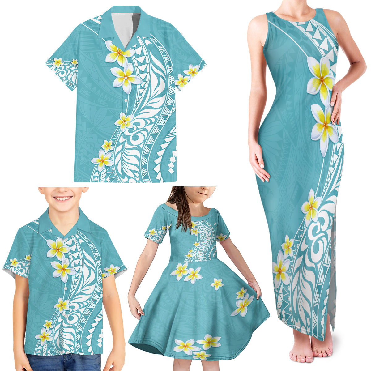 Hawaii Aloha Family Matching Tank Maxi Dress and Hawaiian Shirt Plumeria Vintage - Turquoise LT7 - Polynesian Pride