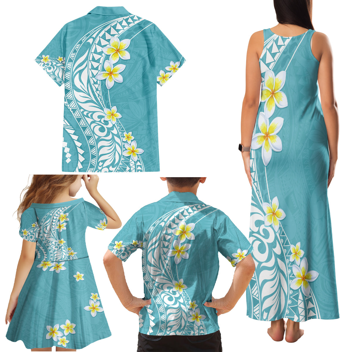 Hawaii Aloha Family Matching Tank Maxi Dress and Hawaiian Shirt Plumeria Vintage - Turquoise LT7 - Polynesian Pride