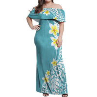 Hawaii Aloha Off Shoulder Maxi Dress Plumeria Vintage - Turquoise LT7 Women Turquoise - Polynesian Pride