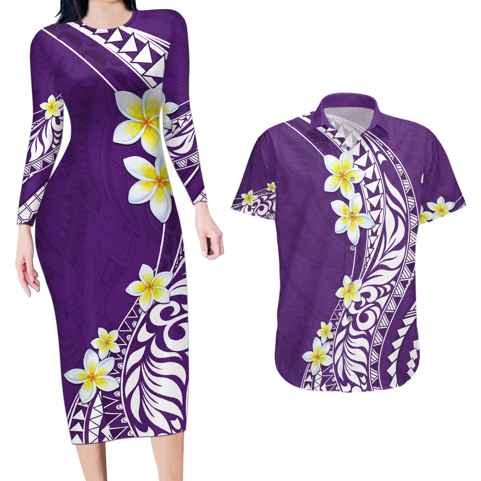 Hawaii Aloha Couples Matching Long Sleeve Bodycon Dress and Hawaiian Shirt Plumeria Vintage - Violet LT7 Violet - Polynesian Pride