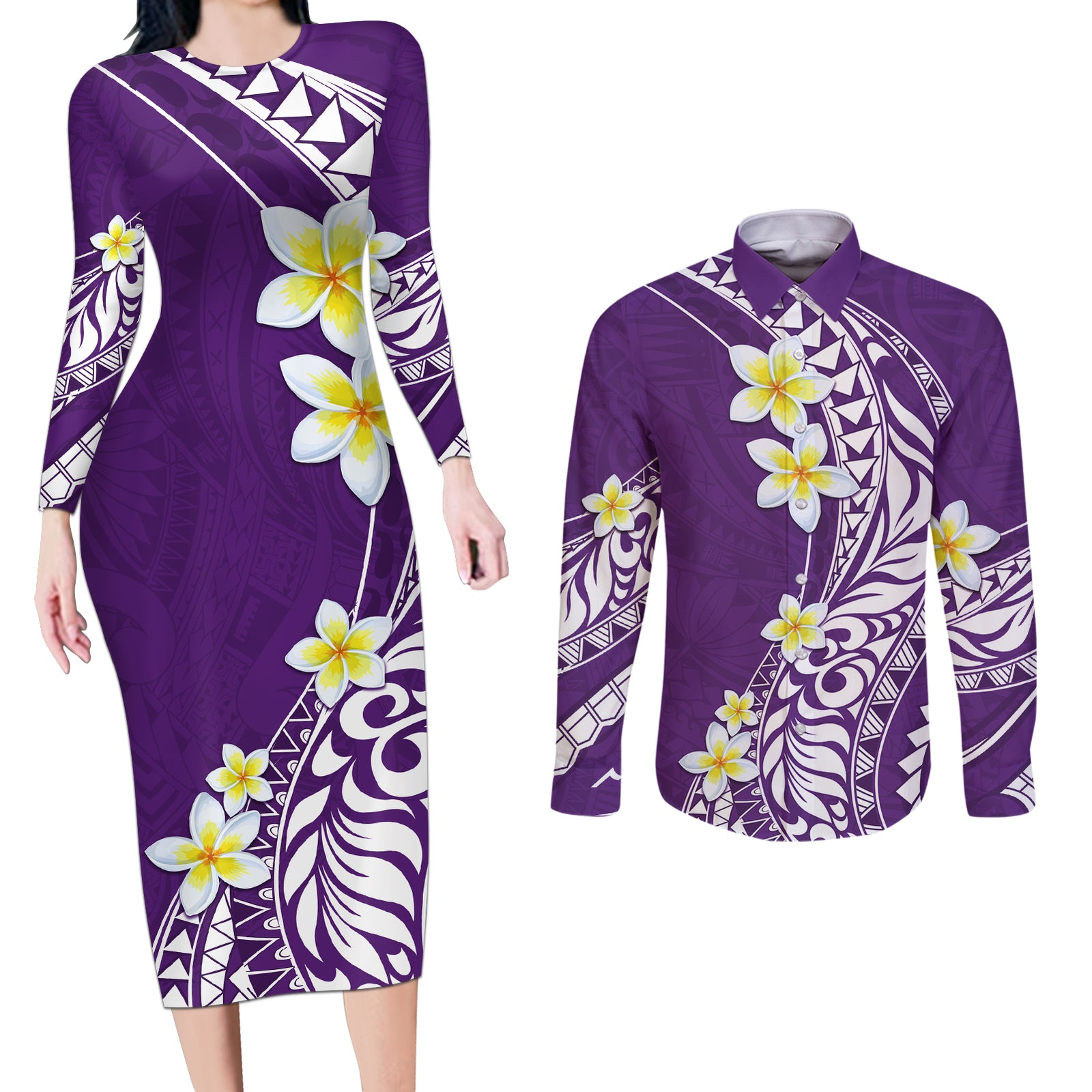 Hawaii Aloha Couples Matching Long Sleeve Bodycon Dress and Long Sleeve Button Shirt Plumeria Vintage - Violet LT7 Violet - Polynesian Pride