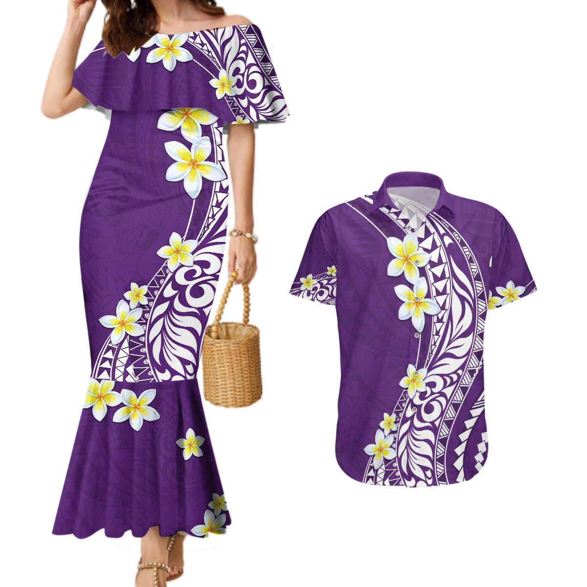 Hawaii Aloha Couples Matching Mermaid Dress and Hawaiian Shirt Plumeria Vintage - Violet LT7 Violet - Polynesian Pride