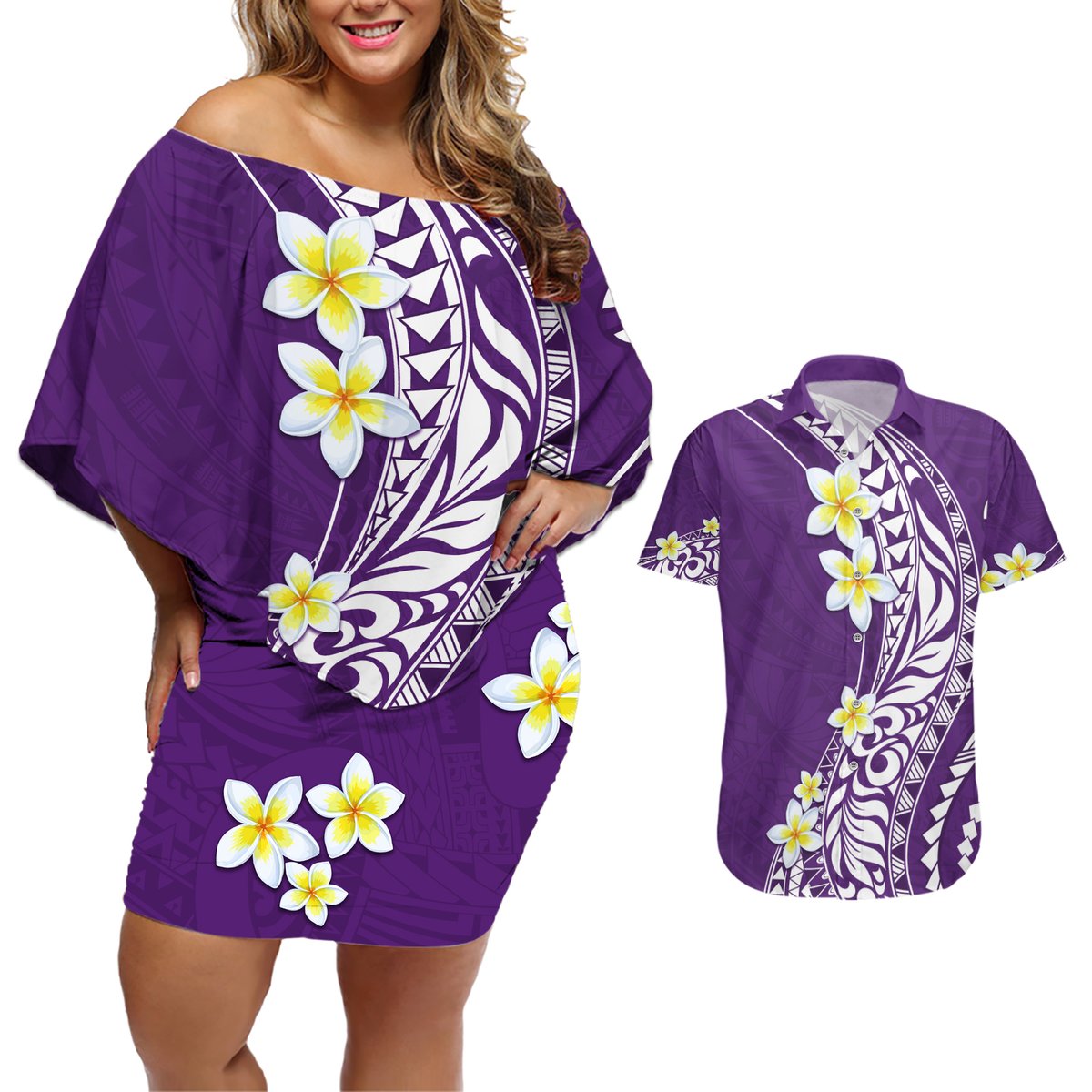 Hawaii Aloha Couples Matching Off Shoulder Short Dress and Hawaiian Shirt Plumeria Vintage - Violet LT7 Violet - Polynesian Pride